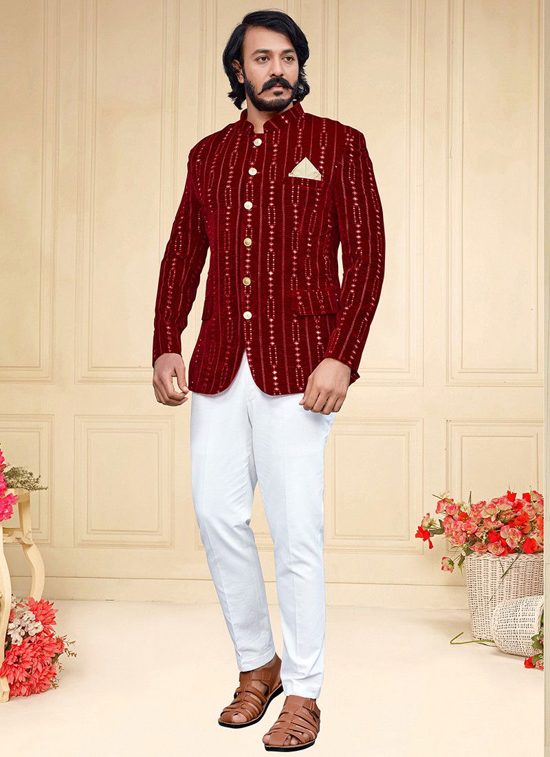 Maroon Colour Outluk Vol 85 New Latest Designer party Wear Velvet Jodhpuri Suit Collection 85004